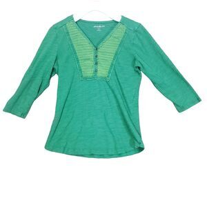 Eddie Bauer Henley Top Pleated Green 3/4 Sleeve Casual Blouse Women Size M Fairy